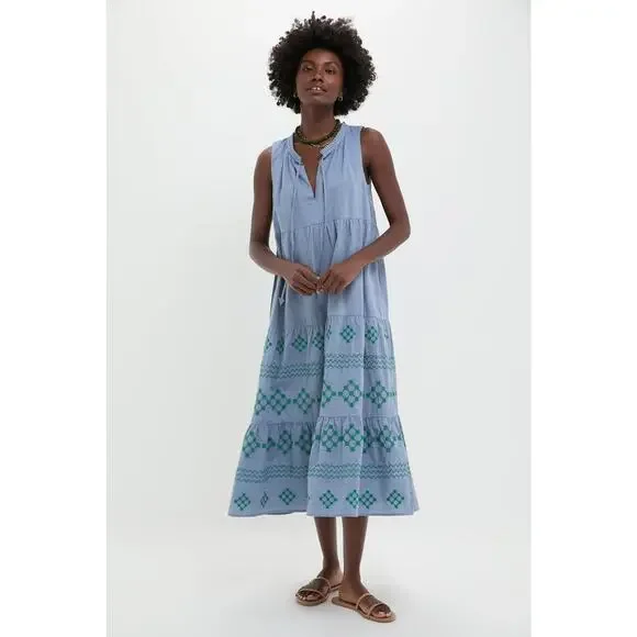 TUCKERNUCK BEACH Emerald Embroidered Chambray Salty Paloma Caftan Size M NWT - Picture 6 of 8